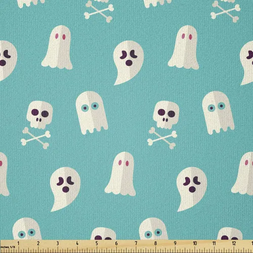 Vista 15 de Ambesonne The Yard, tela de calavera colorida con temática de Halloween, diseño de calavera y huesos cruzados, divertido estampado de dibujos