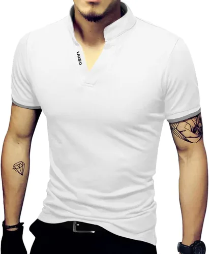 Vista 21 de LOGEEYAR Camisas polo Henley de moda para hombre, camisetas casuales de manga corta/larga, camisas de polo de algodón ajustadas para hombre Negro