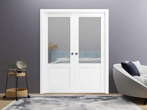 Vista 4 de SARTODOORS Panel de puerta de granero de losa de 28 x 96 pulgadas Lucia 1533 seda blanca con vidrio transparente Puertas con acabado resistente