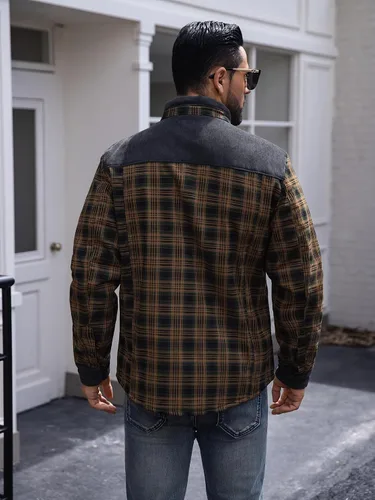 Vista 3 de Zaitun Camisa de franela de pana con forro de sherpa para hombre, chaqueta de manga larga con botones, abrigo de forro polar para hombre con bolsillo