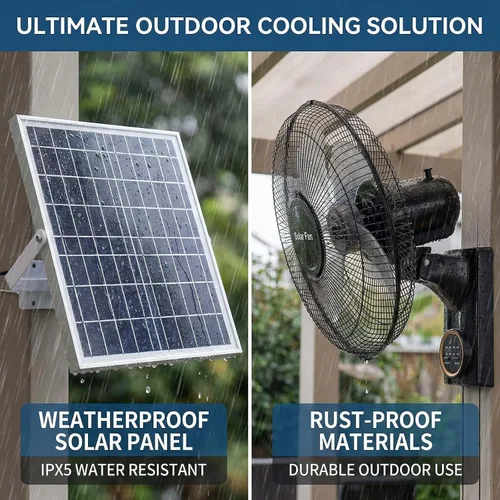 Vista 5 de Heavy Duty 16 Waterproof Solar Wall Fan - Oscillating With Remote & Timer, Adjustable 3 Speeds, Quiet For Greenhouse, Patio, Outdoor & Commercial Use