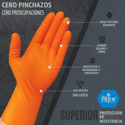 Vista 4 de MED PRIDE Maxx Strength - Guantes industriales de nitrilo naranja, 8 mil de grosor, textura de diamante, desechables, resistentes, resistentes a