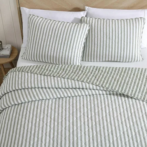 Vista 3 de Stone Cottage - Juego de edredón de tamaño individual, ropa de cama reversible de algodón con fundas de almohada a juego, juego de cama ideal a Verde
