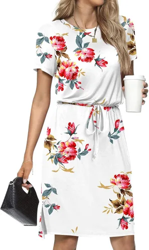 Vista 6 de JeashCHAT Womens Summer Mini Dresses Floral Printed Short Sleeve Sundress Casual Beach Dresses with Pockets