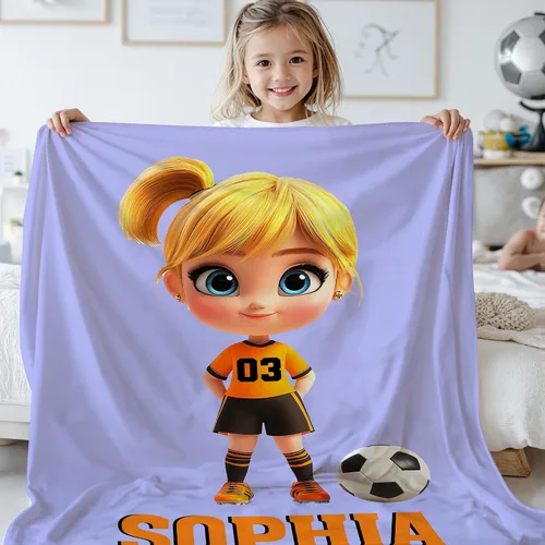 Vista 4 de callie Mantas de fútbol personalizadas para niños, manta deportiva personalizada de personajes de dibujos animados de franela suave / sherpa