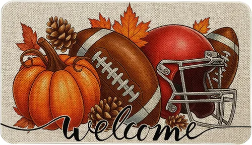 Vista 12 de Mloabuc Felpudo decorativo de otoño naranja con texto divertido de calabaza de bienvenida, tapete para interiores, decoración creativa de temporada