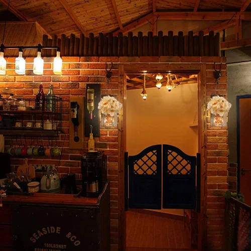 Vista 2 de Aplique de tarro de masón, decoración rústica de pared para el hogar con luces LED, apliques colgantes hechos a mano, paquete de 2, interruptor