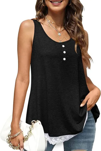 Vista 6 de Women Crewneck Button Up Tank Top Casual Loose Pure Color Lace Trim Ruffle Hem Camisole for Daily Party Date