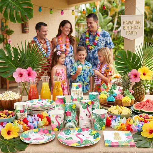Vista 6 de Hoolerry 60 tazas Luau Aloha Party desechables de papel para fiesta hawaiana Aloha decoraciones de fiesta Tropical Luau 9 onzas verano Tiki piscina