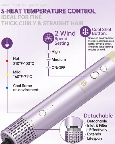 Vista 6 de Cepillo secador de pelo, estilizador de aire caliente de doble voltaje 8 en 1, secado rápido, 110,000 rpm, secador iónico con accesorios alisadores