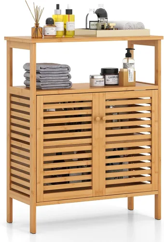 Vista 11 de Tangkula Gabinete de baño de bambú, armario de almacenamiento con puerta de persiana y estantes de 3 niveles, gabinete de baño independiente