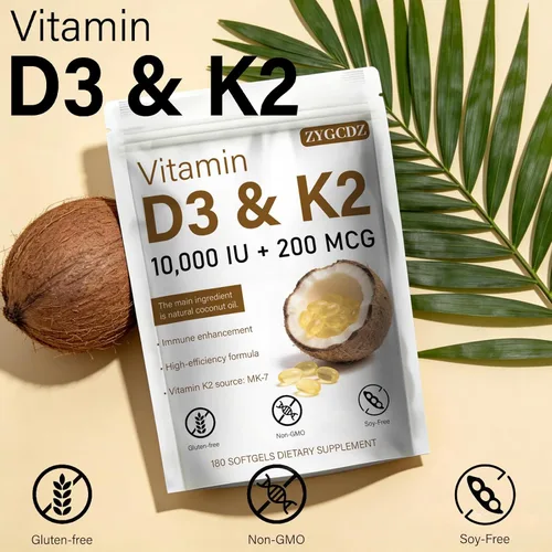 Vista 7 de Vitamina D3 10000 UI con cápsulas blandas K2 MK-7 de 200 mcg, 180 unidades Apoya la salud ósea, cardíaca e inmunológica Absorción mejorada