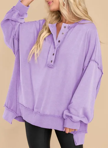 Vista 10 de AlvaQ - Sudadera de gran tamaño para mujer, informal, de manga larga, con botones y cuello Henley, tipo túnica