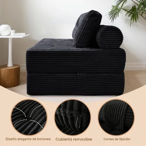Vista 6 de Nigoone Sofá Cama Futón, Silla Plegable Versátil para Dormir con Almohada, Espuma Viscoelástica de Soporte, Tela de Pana Suave, Sofá de Piso Negro