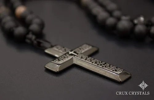 Vista 3 de Mens Cross Pendant Beads Necklace Gemstone Natural Stone Necklace Onyx Beaded Necklace Rosary Prayer Necklace Crux Crystals Mens Religious Jewelry
