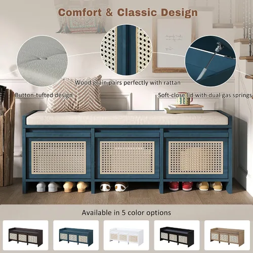 Vista 4 de Entryway Cushioned Storage Shoe Bench，Antique Navy-Q