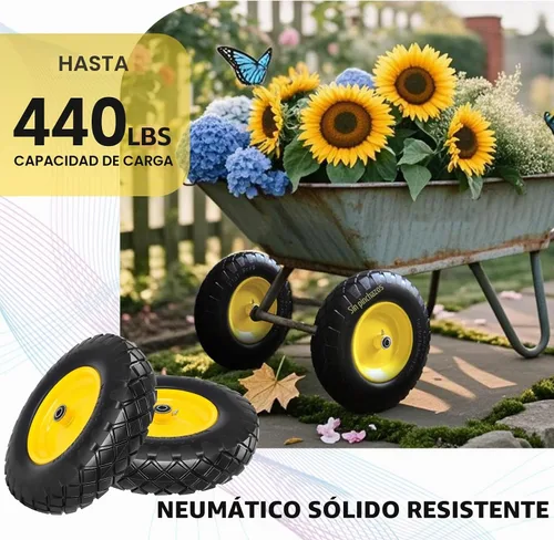 Vista 3 de Neumático y rueda sólidos para carretilla 4.80/4.00-8, neumático sin aire de 16" con cubo centrado de 3", rodamientos de 5/8" y 3/4", compatible