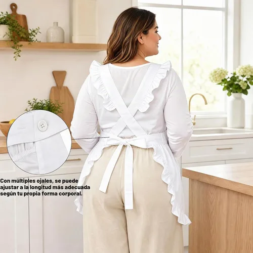 Vista 5 de Love Potato Delantal de cocina de algodón estilo retro para mujer, lazos cruzados ajustables, 2 bolsillos, color blanco