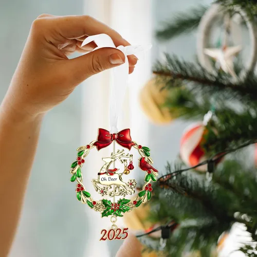 Vista 7 de Adorno para árbol de Navidad de metal plateado colgante, diseño giratorio, encanto decorativo festivo, regalo conmemorativo (2025 Ciervo y Dorado)