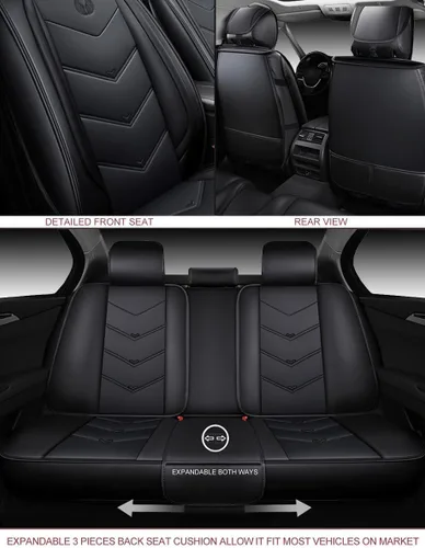 Vista 3 de OASIS AUTO OS-003, Fundas de cuero y tela para asientos de automóvil. Cubierta acojinada de cuero sintético para autos, SUV, camioneta Pick-up, Negro