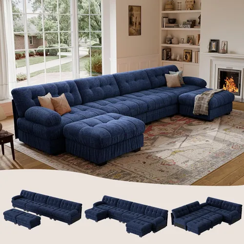 Vista 17 de Sofá modular de gran tamaño de 90 pulgadas con otomana móvil, asiento profundo en forma de L, cómodo sofá de nube de felpilla de 3 asientos modernos