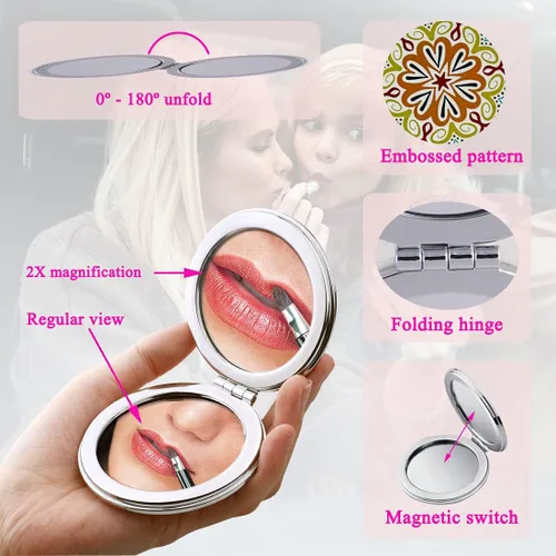 Vista 3 de Espejo compacto de mano a granel – Monedero de bolsillo Espejo de maquillaje redondo plegable portátil de doble cara 2X Ampliación – Diseños