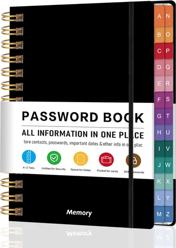 Vista 14 de Libro de contraseñas en espiral con pestañas alfabéticas y bolsillo 5.8" X 8.2