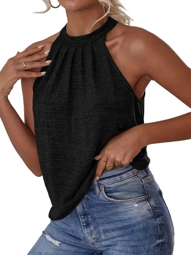 Vista 3 de Rooscier Blusa sin mangas plisada sin mangas con cuello halter para mujer