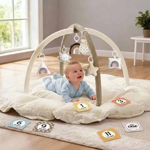 Vista 9 de Mallify Gimnasio de felpa 5 en 1 para bebés, tapete de juego para bebés, gimnasio convertible para bebés con manta y 6 juguetes, tapete