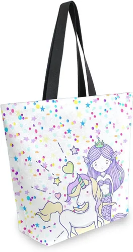 Vista 3 de SUABO Bolsa de asas de cocina reutilizable para comestibles, bolsa de compras de lona para exteriores Unicornio Sirena Chica