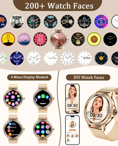 Vista 3 de Reloj inteligente para mujer, reloj inteligente Bluetooth para iPhone, Android, iOS, IP68, impermeable, para mujer, rastreador de actividad física