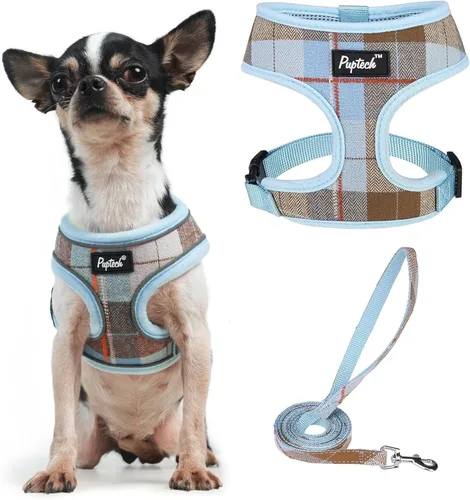 Vista 14 de PUPTECK Juego de arnés y correa de malla suave para perro, cachorro y gato, cómodo chaleco acolchado sin tirones, azul Pascua, S