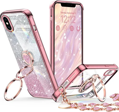 Vista 11 de XYZ para Funda de iPhone Xs Max con Soporte, Funda de Teléfono con Doble Soporte de Anillo, Funda de Amor-Corazón Linda de Lujo con Brillantina