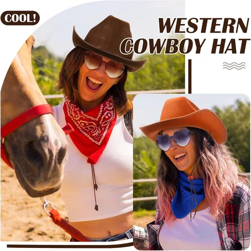 Vista 5 de Geyoga 9 piezas de sombrero de vaquero para adulto con bandana de vaquero y gafas para disfraz del oeste, accesorio para hombres y mujeres