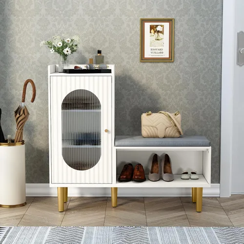 Vista 14 de HLR Banco de almacenamiento con puerta y estante de cristal, moderno banco de zapatos de entrada con asiento acolchado, armario de almacenamiento