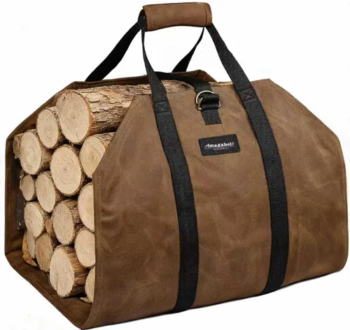 Vista 8 de Amagabeli - Bolsa de transporte de leña encerada, bolsa de transporte resistente para chimenea de leña grande con asas para camping, soporte