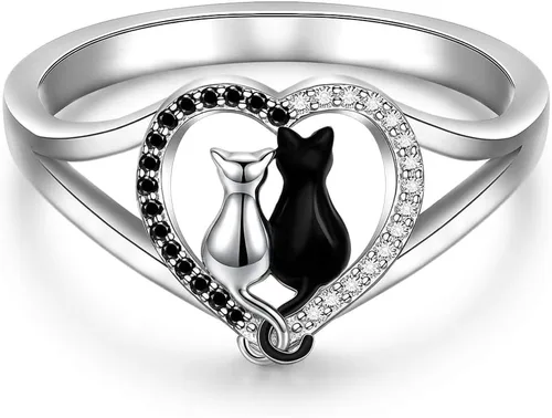 Vista 12 de Anillos de gato negro para mujer, diseño de árbol de la vida, joyería de Plateado