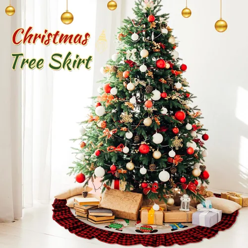 Vista 4 de Falda de árbol de Navidad, arpillera de lino, decoración de borde a cuadros, faldas de árbol a cuadros negros y rojos para interiores y exteriores