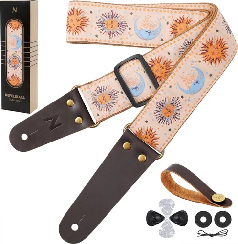 Vista 15 de Nefelibata Correa de guitarra, correas de guitarra de algodón bordadas con extremos de cuero de vaca para bajo, guitarras eléctricas y acústicas