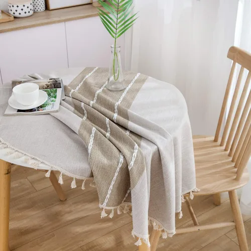 Vista 5 de Dimatic Mantel de Algodón y Lino de Peso Pesado - Mantel Redondo de 60 Pulgadas - Cubierta de Mesa con Costura de Borlas para Decoración de Beige