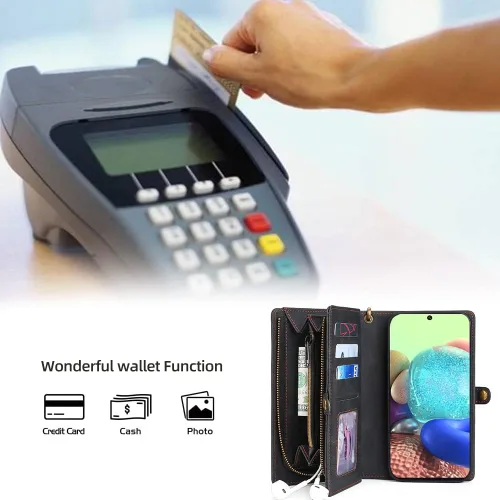 Vista 6 de Asuwish Funda de teléfono para Samsung Galaxy A71 5G con cremallera, funda desmontable con protector de pantalla de vidrio templado y soporte