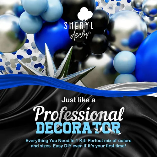 Vista 8 de Kit de arco de globos todo en uno azul y negro con estrella fugaz de bonificación – Globos plateados negros azules pequeños y grandes – Decoraciones