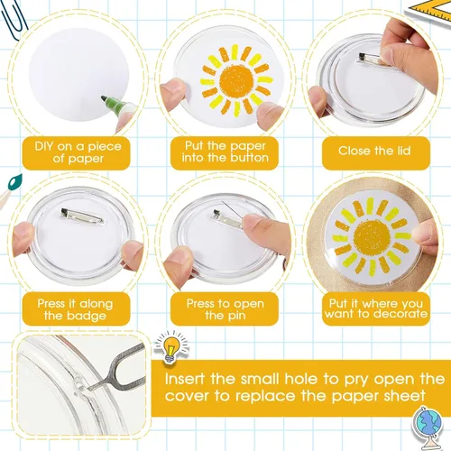 Vista 3 de 100 botones acrílicos transparentes de 3 pulgadas con 200 papel, 20 herramientas de extracción de tarjetas SIM, haz tus propios botones con alfiler