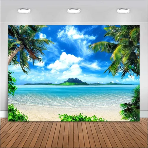 Vista 11 de Fondo de Fotografía Tropical Hawaiano Playa Palmera Cielo Azul y Nubes Blancas Decoración de Fiesta de Boda Telón de Fondo de Fotografía 5x3 pies