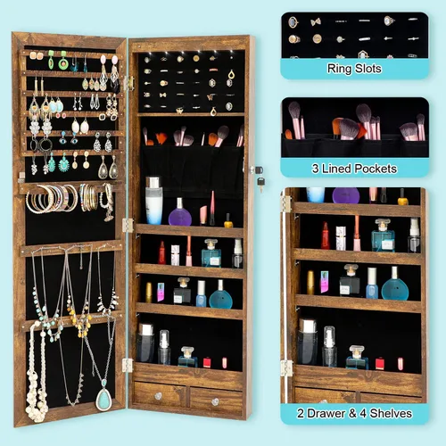 Vista 4 de HomVent Armario de joyería con espejo de 6 LED, espejo con almacenamiento de joyas, organizador de armario de joyería con cerradura, armario