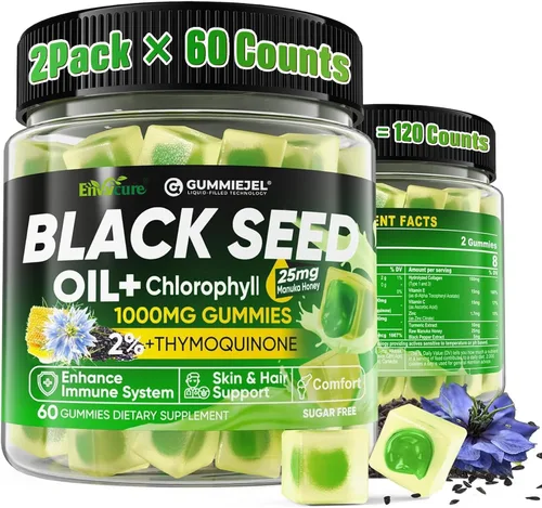 Vista 8 de Gomitas de aceite de semilla negra y clorofila, biotina de 500 mcg con colágeno hidrolizado, miel de manuka cruda, orgánica prensada en frío, máxima