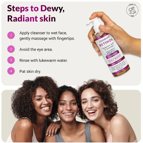 Vista 6 de DERMATOUCH Limpiador facial de retinol, lavado facial diario con ácido hialurónico, pepino y vitaminas para piel normal a seca, fórmula antioxidante