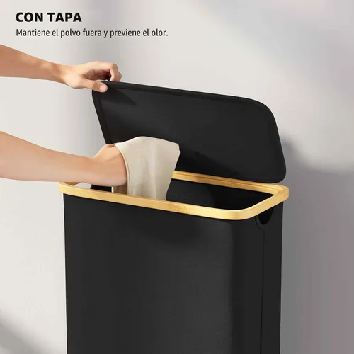 Vista 6 de SpaceAid Cesta de lavandería delgada con ruedas y tapa, cesta de ropa estrecha rodante de 62 litros con mango de bambú, canasta grande para ropa