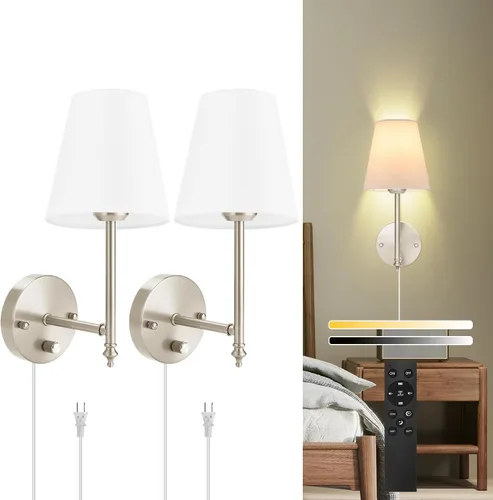 Vista 9 de Juego de dos apliques de pared regulables, apliques de pared enchufables con pantalla de tela blanca, lámpara de pared para dormitorio, sala