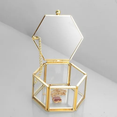Vista 6 de Feyarl Pequeña caja de joyería de cristal dorado para joyería de joyería de joyería de cristal adornado, caja organizadora de recuerdos, caja